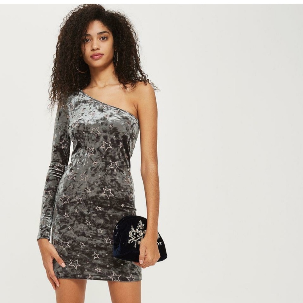 Topshop Velvet Star Asymmetrical Bodycon Green Grey Dress 0 XS